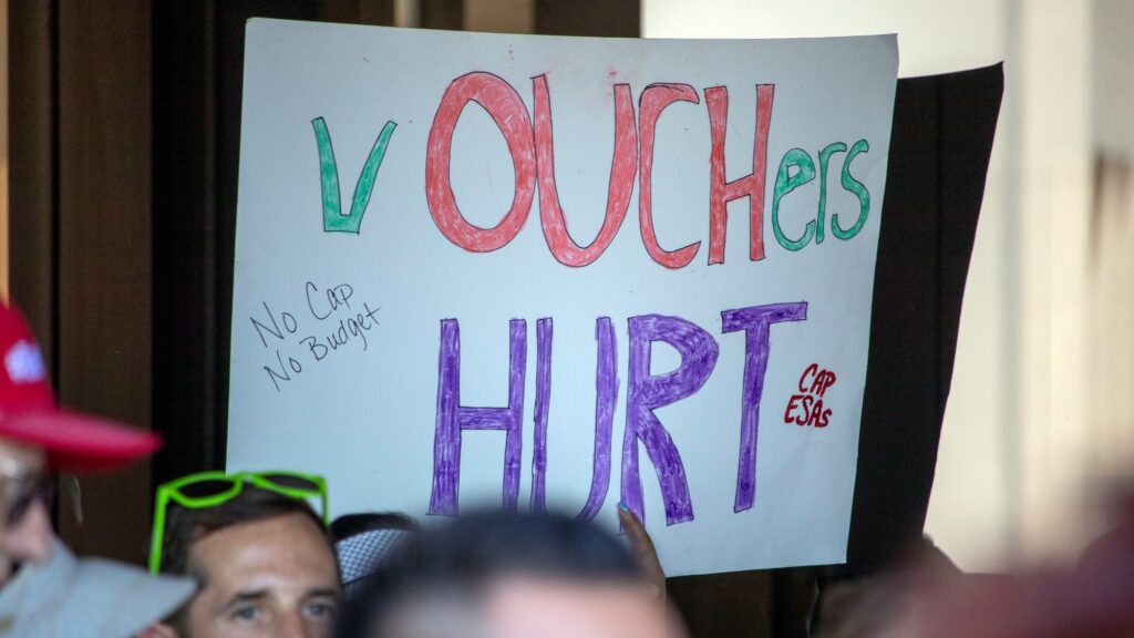 A sign held by a teacher at a rally at the Arizona Capitol on June 5, 2024, to advocate for restrictions on the state's school voucher system, known as Empowerment Scholarship Accounts. (Jerod MacDonald-Evoy/Arizona Mirror)