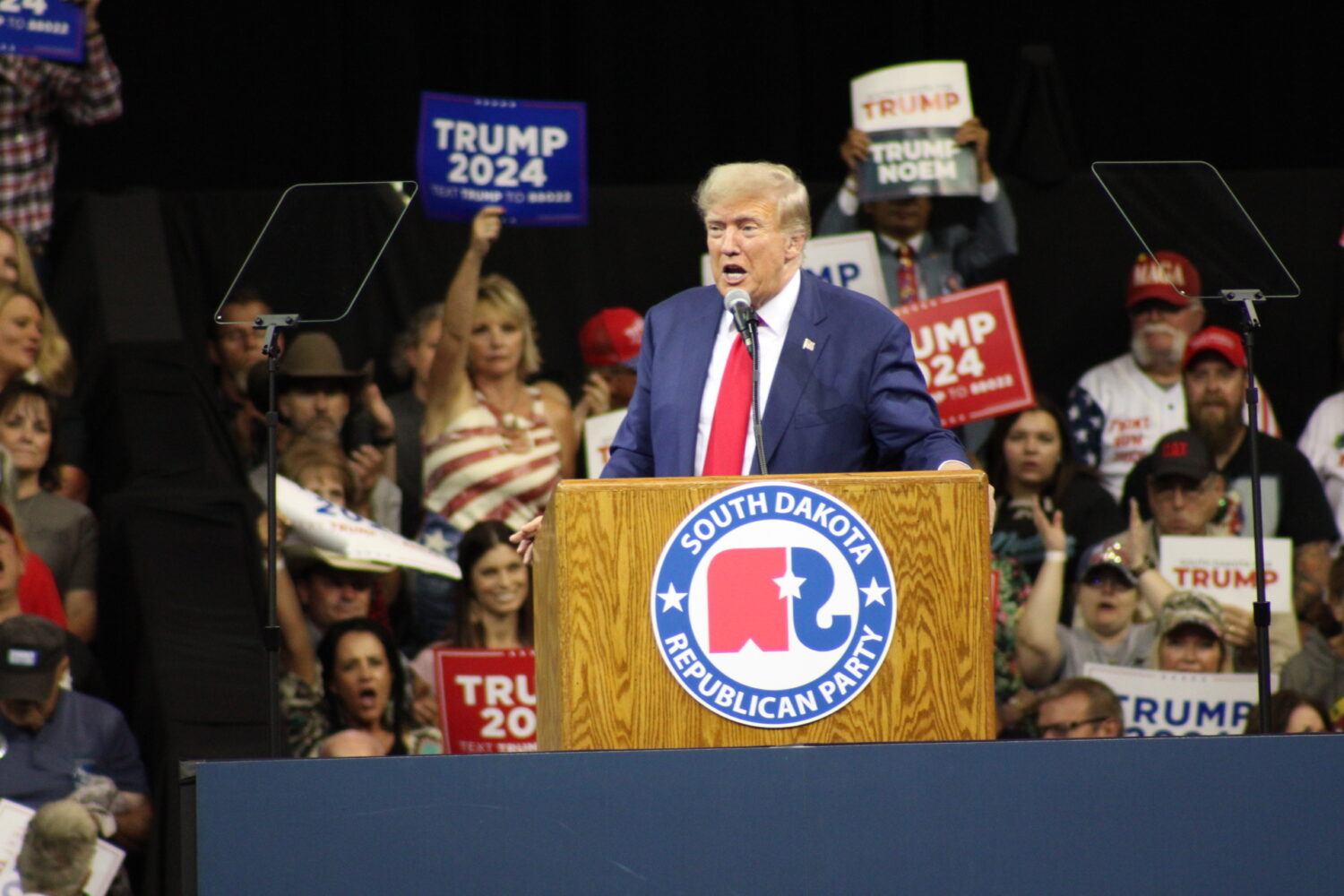 Former President Donald Trump speaks during a rally Sept. 8, 2023, at The Monument in Rapid City. (Seth Tupper/South Dakota Searchlight)