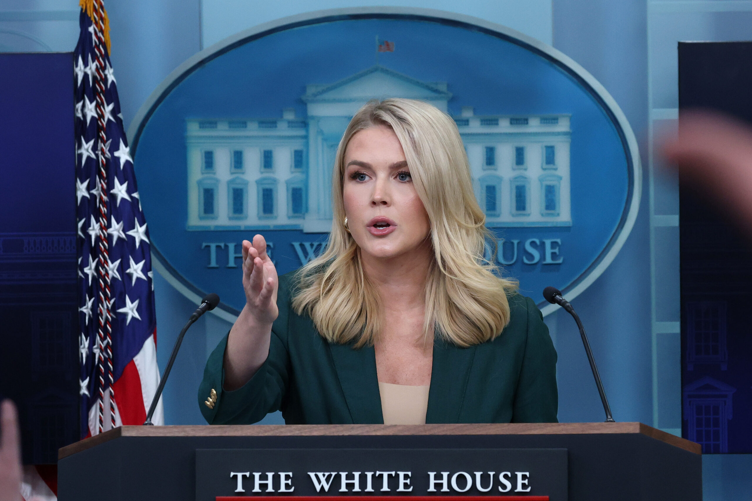 White House Press Secretary Karoline Leavitt speaks during the daily press briefing in the Brady Press Briefing Room at the White House on March 26, 2025 in Washington, DC. Leavitt addressed President Trump’s plans for future tariffs on the auto industry and reports about top Trump aides mistakenly including the editor-in-chief for The Atlantic magazine on a high level administration Signal group chat discussing military plans. (Photo by Win McNamee/Getty Images)