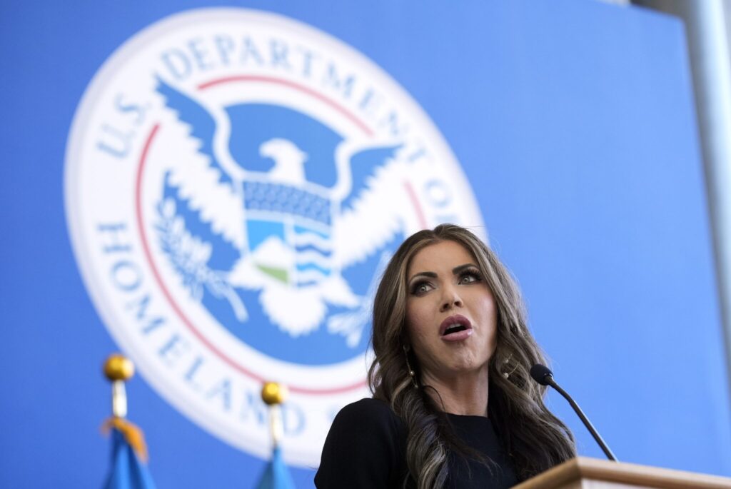 U.S. Homeland Security Secretary Kristi Noem delivers remarks to staff at the Department of Homeland Security headquarters in Washington, D.C., on Jan. 28, 2025. (Photo by Manuel Balce Ceneta-Pool/Getty Images)