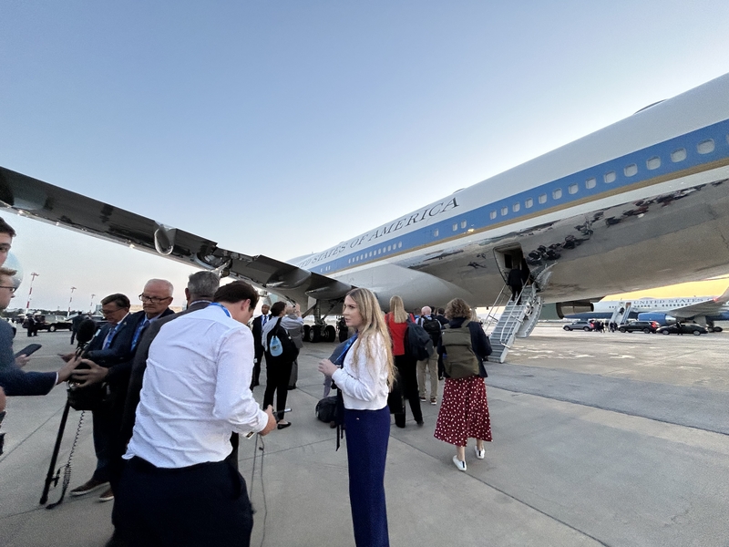As the press boards the former Air Force One, this photo clearly shows in the background the other aircraft, reported to be the one that Trump covertly flew from Turkey to the United Kingdom. (White House pool photo)