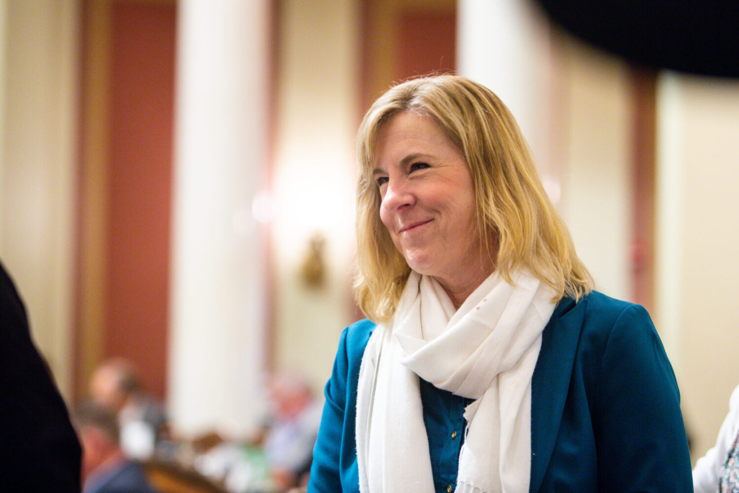 Speaker emeritus Rep. Melissa Hortman talks to colleagues during a special legislative session June 9, 2025, at the Minnesota State Capitol in St. Paul. (Photo by Nicole Neri/Minnesota Reformer)