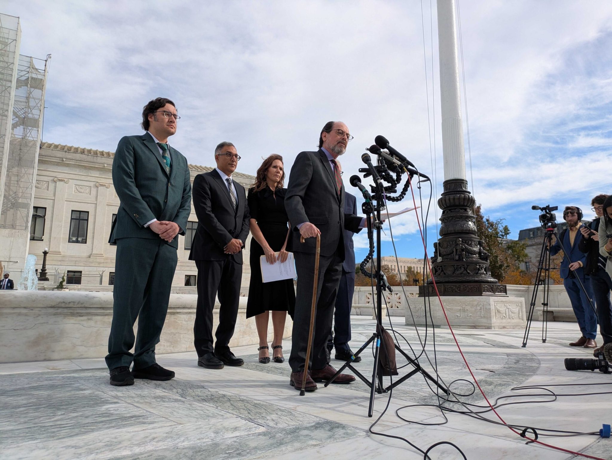 Victor Schwartz, founder and president of VOS Selections, spoke to reporters outside the U.S. Supreme Court on Wednesday, Nov. 5, 2025. Schwartz, a New York-based wine and spirits importer of 40 years, was the lead plaintiff in case against President Donald Trump's sweeping emergency tariffs. (Photo by Ashley Murray/States Newsroom)