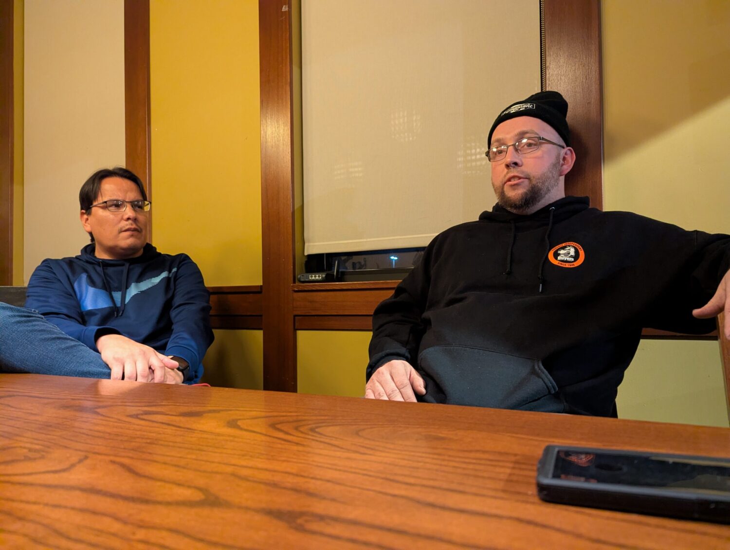 Former state prison inmates Steven Harrison, right, and Ryan Vanden Hoek talk about security and drug overdoses on Nov. 24, 2025. (Photo by John Hult/South Dakota Searchlight)