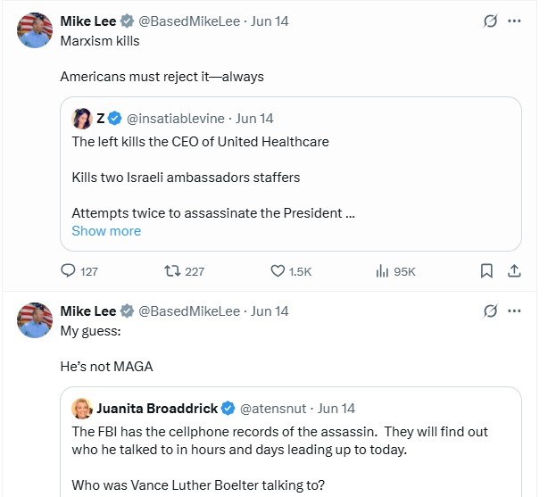 Screenshots of X posts that remained on Sen. Mike Lee's personal page as of June 18, 2025. The posts were in reference to shootings in Minnesota that killed a state representative and her husband, and wounded a state senator and his wife.
