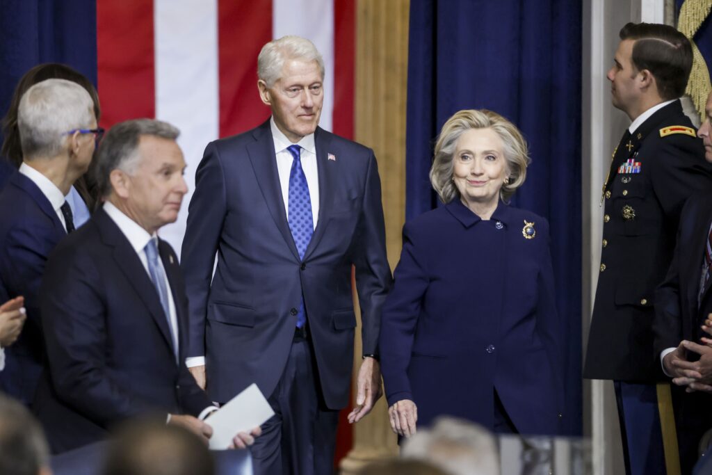 Former President Bill Clinton and former Secretary of State Hillary Clinton arrive at the U.S. Capitol on Jan. 20, 2025 in Washington, D.C. , for the inauguration of Donald Trump as president. (Photo by Shawn Thew-Pool/Getty Images)