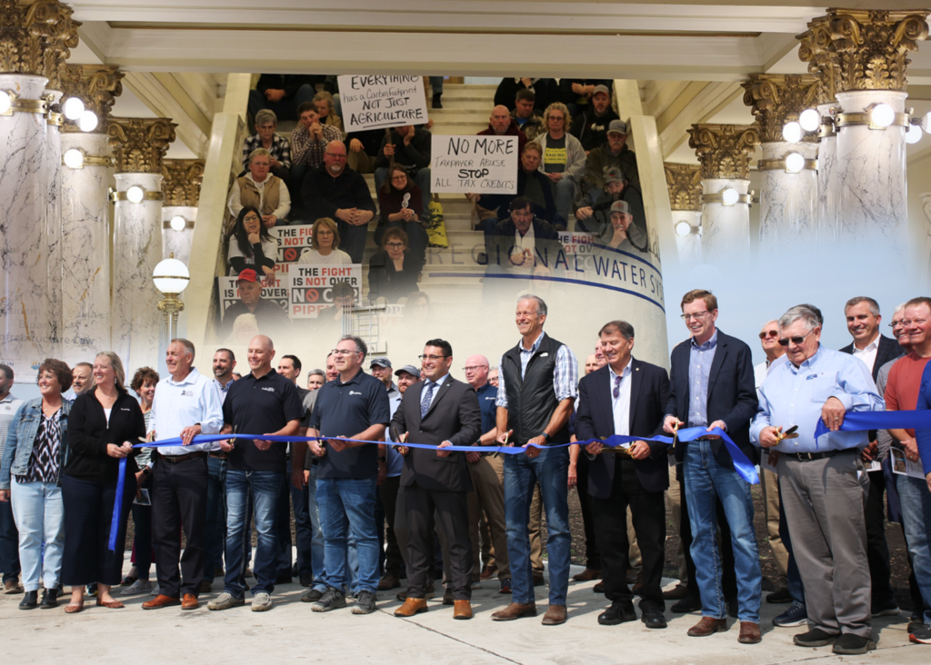 In this combination of images, carbon dioxide pipeline opponents attend a rally Jan. 13, 2025, at the Capitol in Pierre, and South Dakota congressional delegates and other speakers and attendees cut a ribbon to celebrate Madison's connection to the Lewis and Clark Regional Water System on Aug. 21, 2024. (South Dakota Searchlight photos by Joshua Haiar and Makenzie Huber; photo illustration by Joshua Haiar/South Dakota Searchlight)