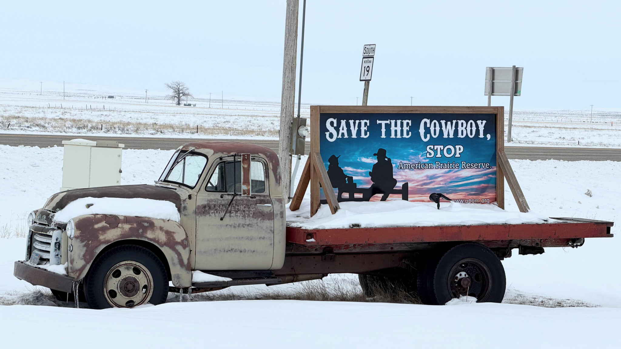 Anti-buffalo billboards and banners produced by Save The Cowboy are found all over Phillips County, Montana. (Credit: Blaine Harden/Inside Climate News)