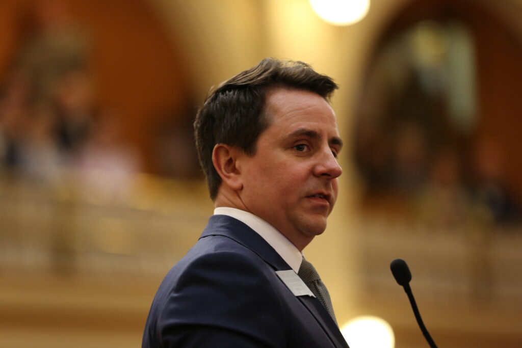 State Rep. Will Mortenson, R-Fort Pierre, speaks in the South Dakota House of Representatives on Feb. 4, 2025. (Seth Tupper/South Dakota Searchlight)