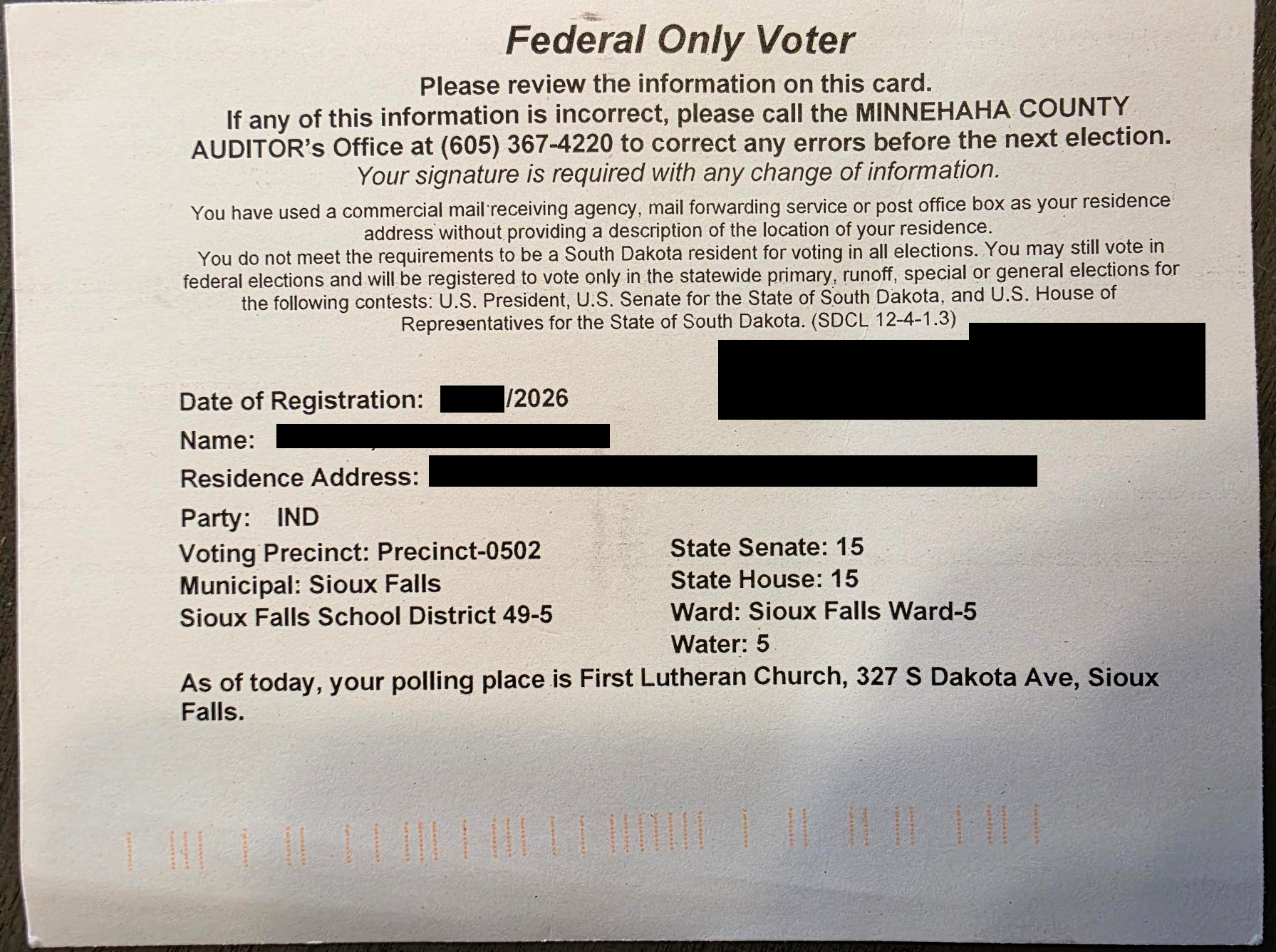 A voter registration postcard was sent to a federal-only voter because they registered using a private mailbox. The postcard lists the person's legislative district, school board and city ward despite being unable to vote in those elections as a federal-only voter. (Submitted)