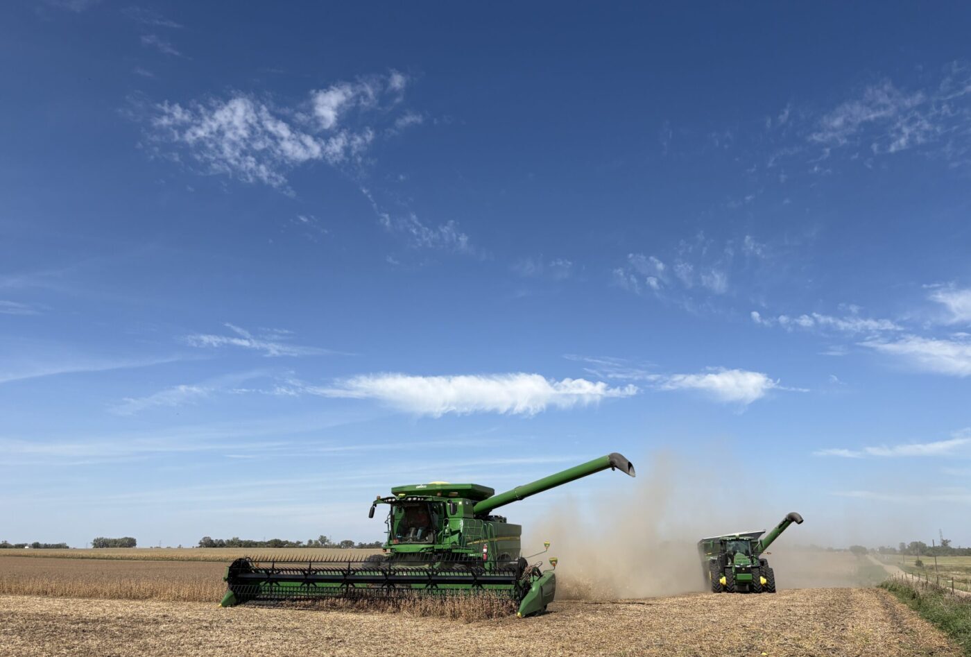 Andrew Streff drives his combine while harvesting soybeans on Sept. 29, 2025, near Salem. (Joshua Haiar/South Dakota Searchlight)