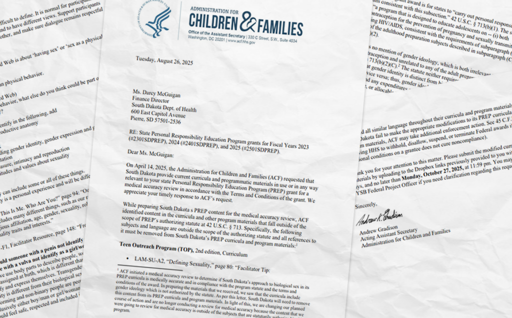 A letter from the U.S. Department of Health and Human Services to the state of South Dakota, demanding the removal of gender-related language from grant-funded sex education materials. (Photo illustration by Joshua Haiar/South Dakota Searchlight)