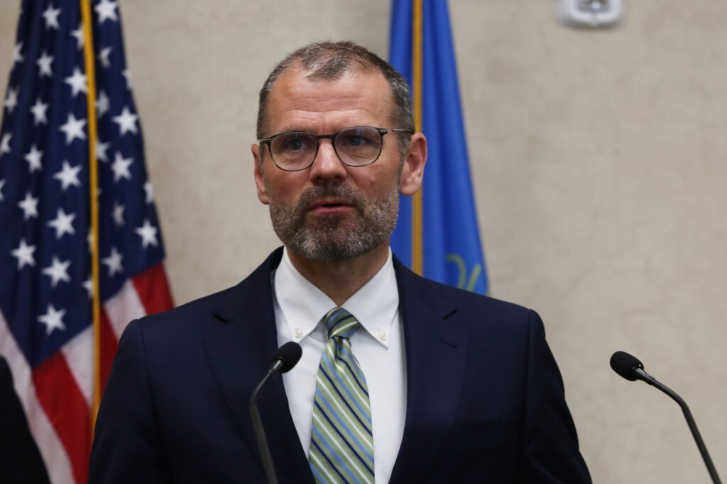 South Dakota Department of Social Services Secretary Matt Althoff speaks at a press conference in Sioux Falls on April 25, 2025. (Makenzie Huber/South Dakota Searchlight)