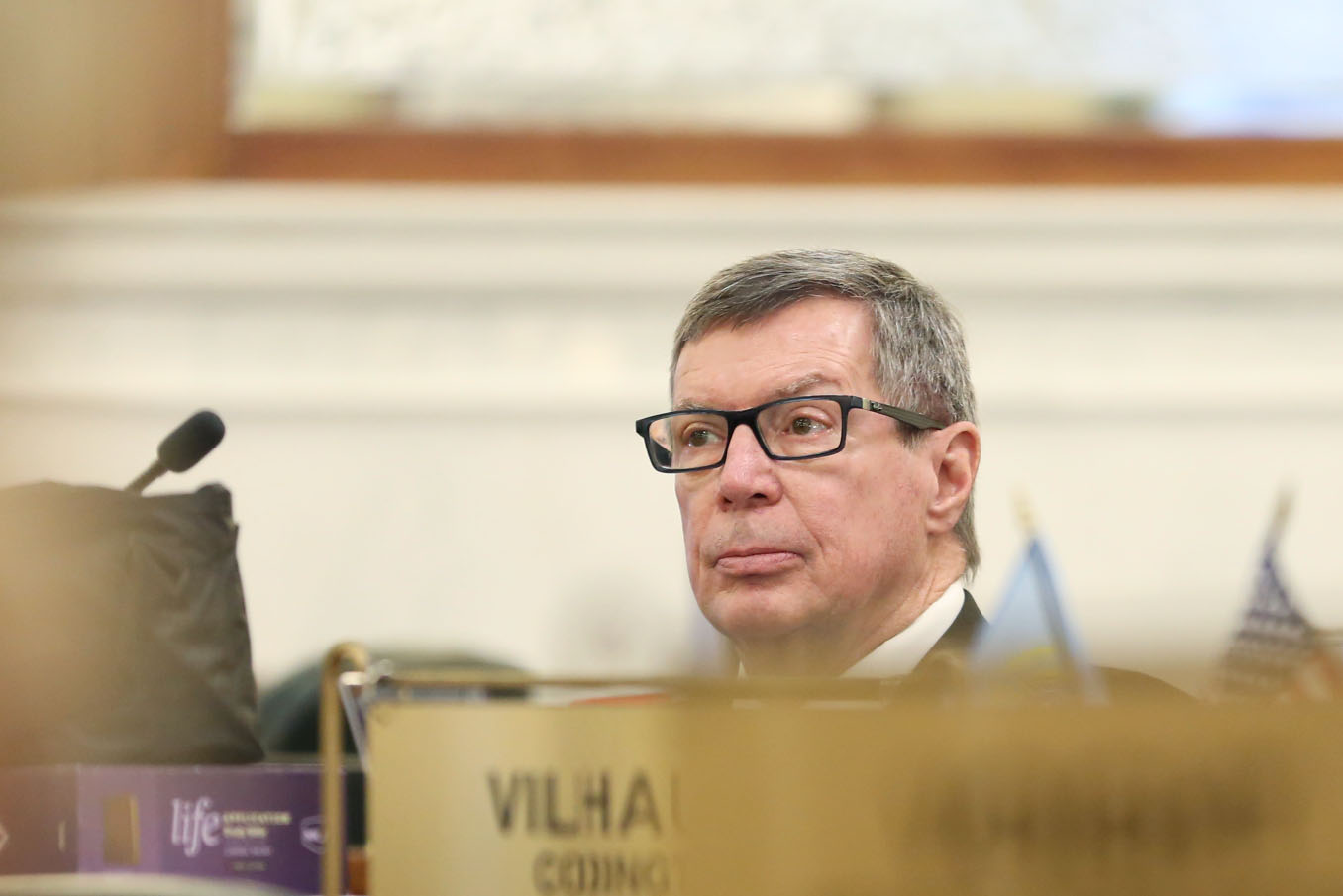 State Sen. Paul Miskimins, R-Mitchell, listens to a speaker on the Senate floor in Pierre on Feb. 10, 2026. (Photo by Makenzie Huber/South Dakota Searchlight)